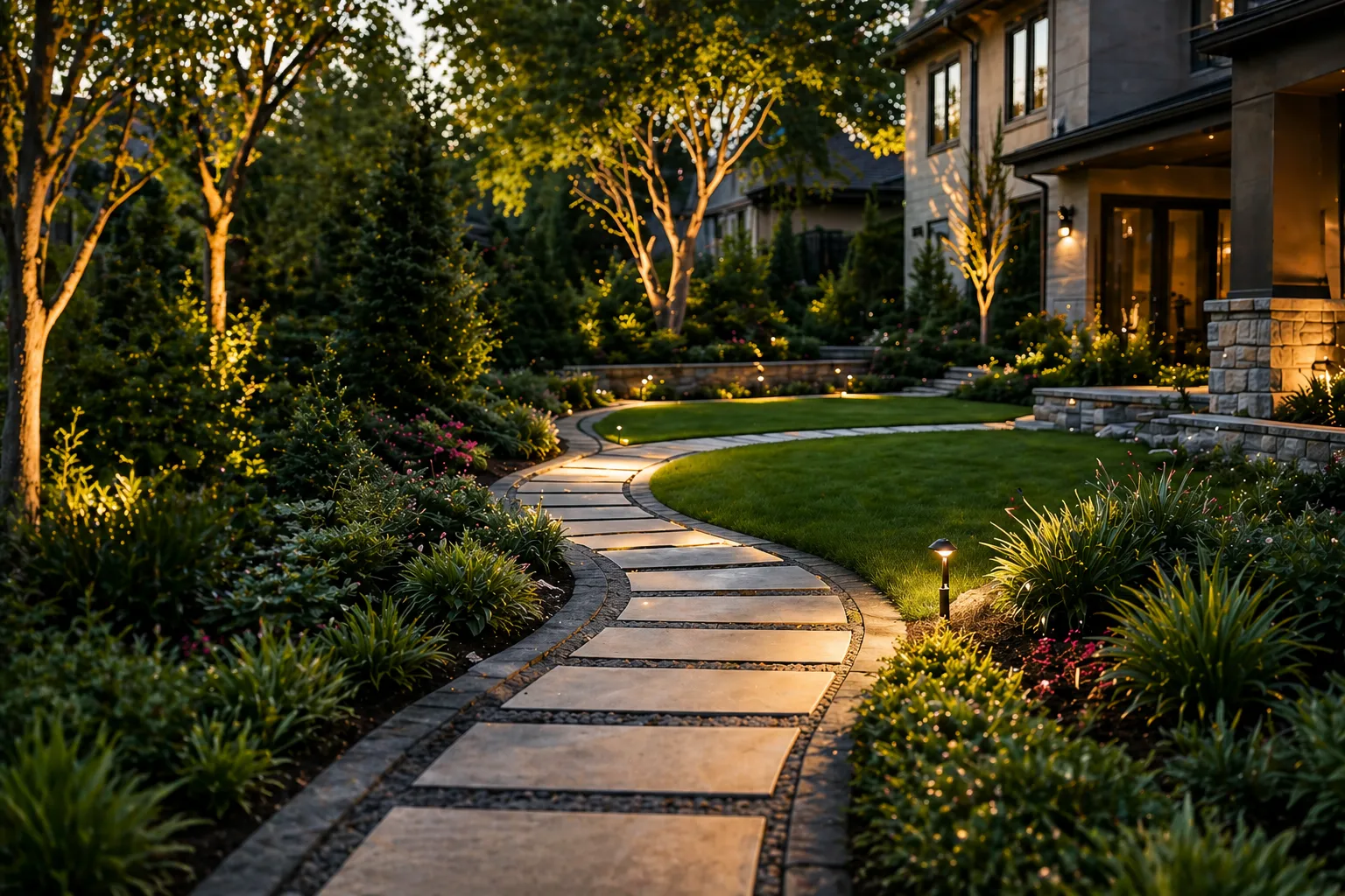 Lit stone pathway curving through a landscaped front yard at dusk