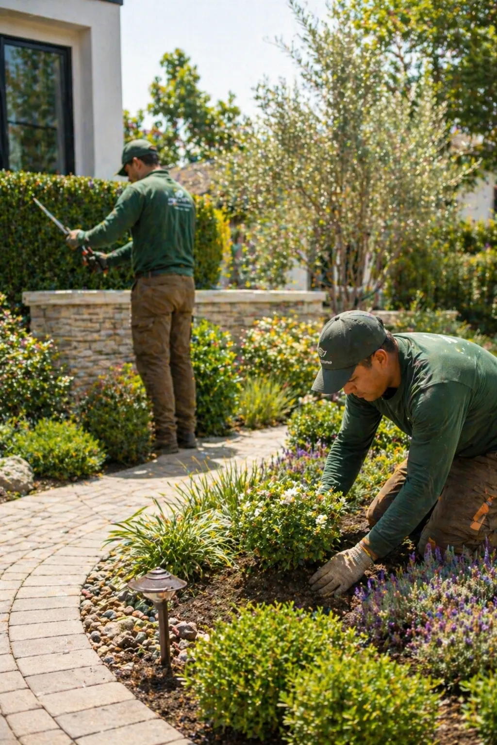 Landscapers trimming hedges and planting a garden bed