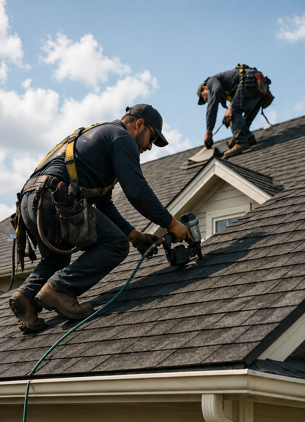Roofers installing new shingles with a nail gun