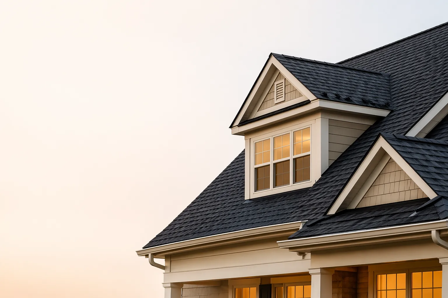 Asphalt shingle roof on a two-story home at sunset