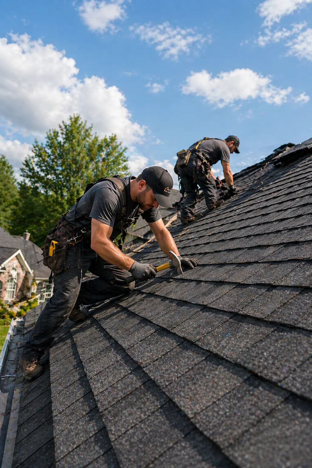 Two roofers working on a shingle roof on a sunny day